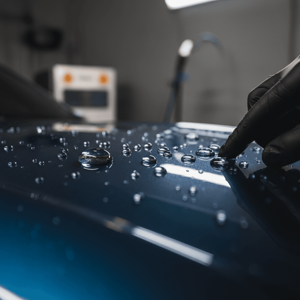 Paint protection coating showing water beading on vehicle surface