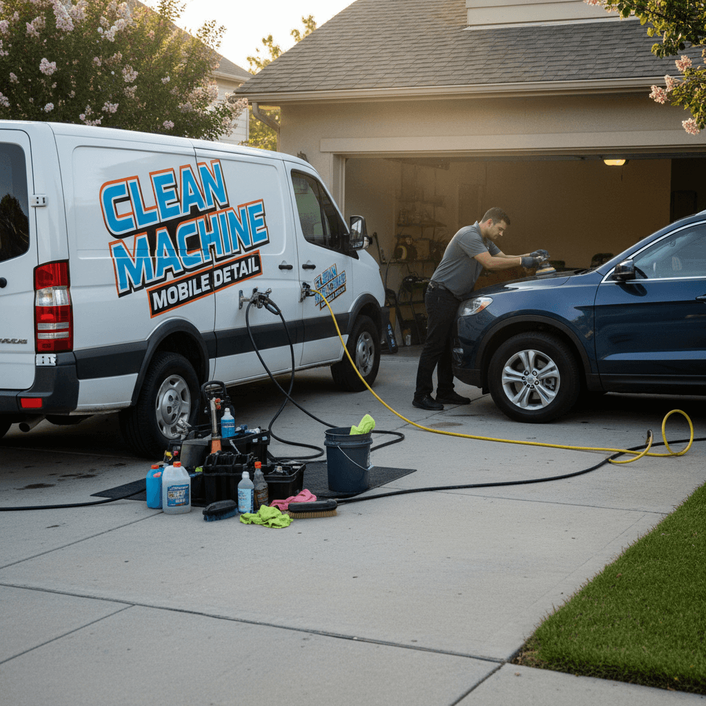 Mobile detailing - professional equipment setup at customer driveway