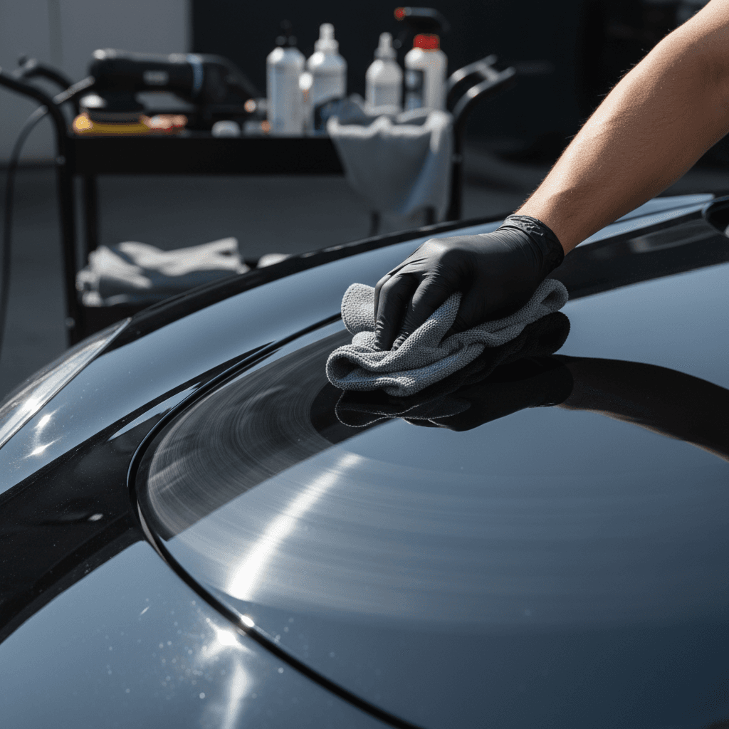 Detailer polishing vehicle exterior with precision