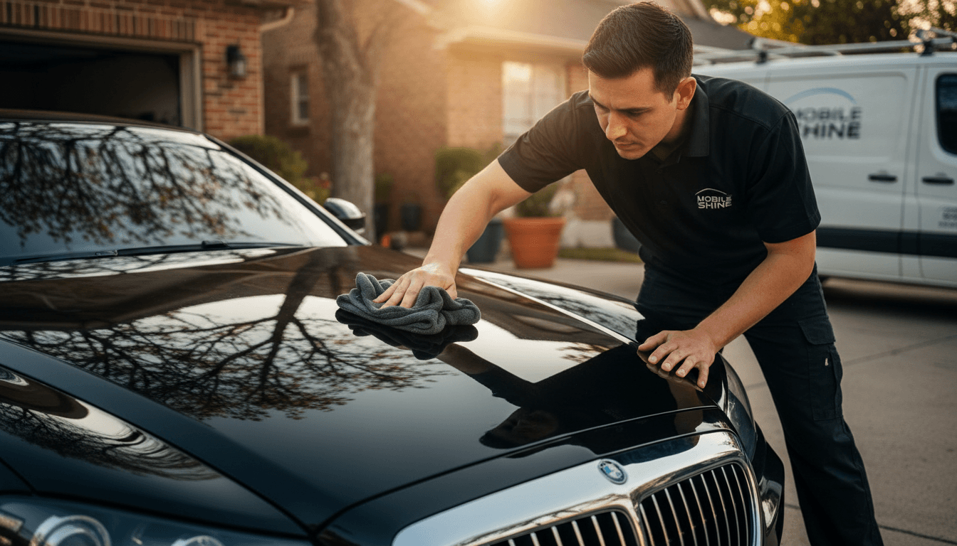 Detailer applying precision polish and finishing touches to vehicle hood