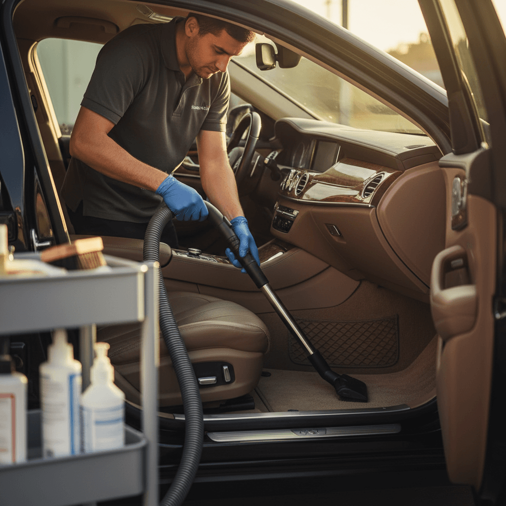 Interior detailing - technician vacuuming vehicle carpets
