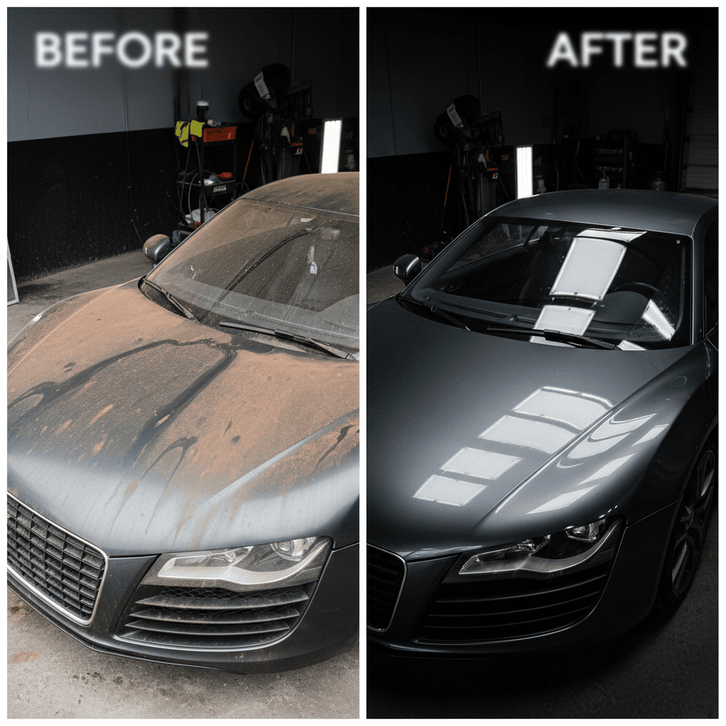 Vehicle exterior before and after professional detailing