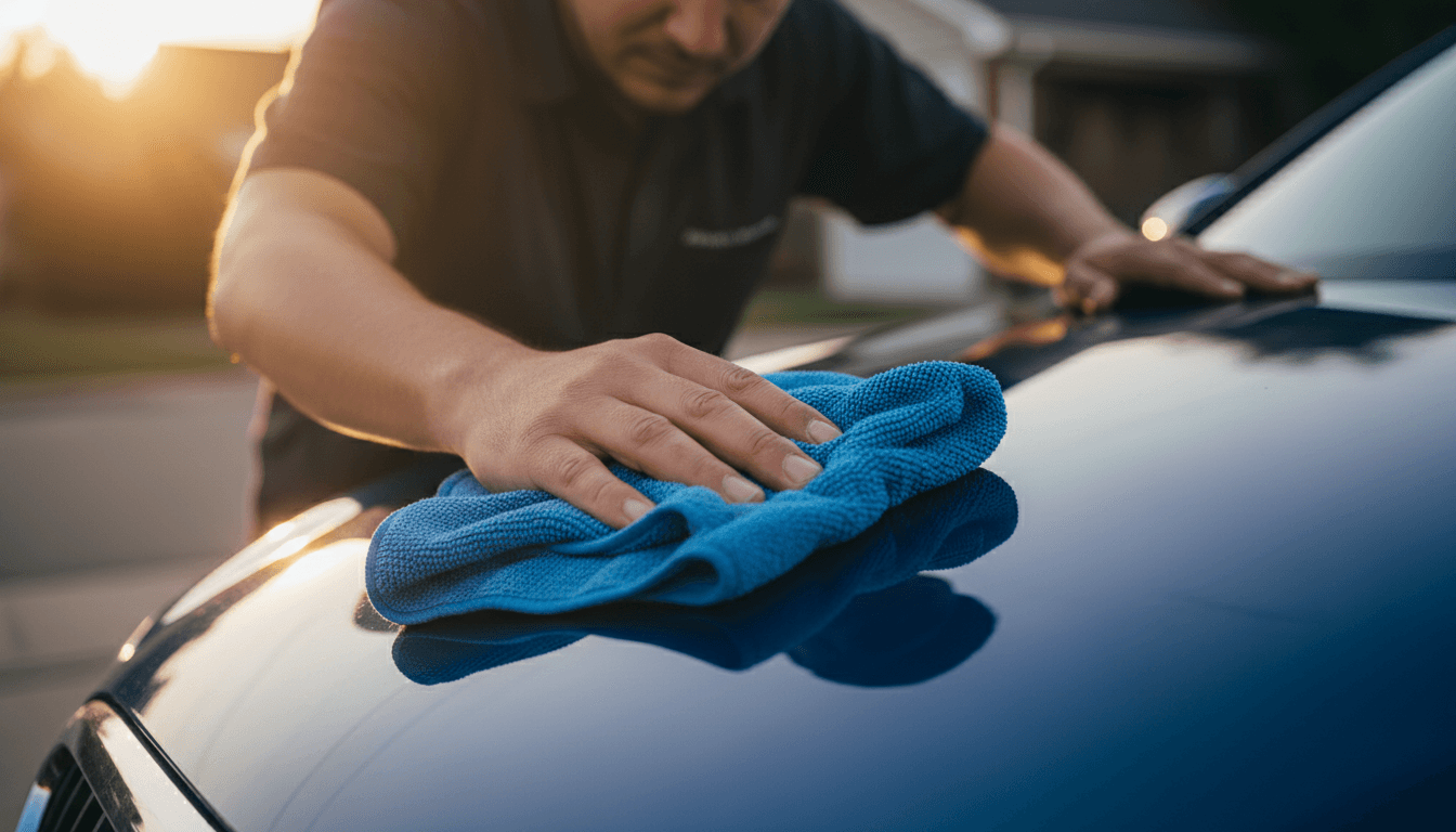 Mobile detailing technician polishing a vehicle's hood with precision and care