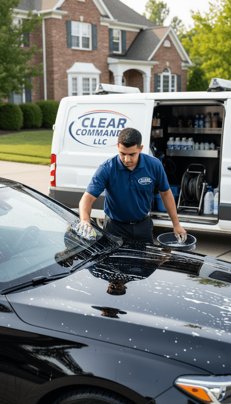 Detailer expertly cleans car in a residential driveway for mobile service.