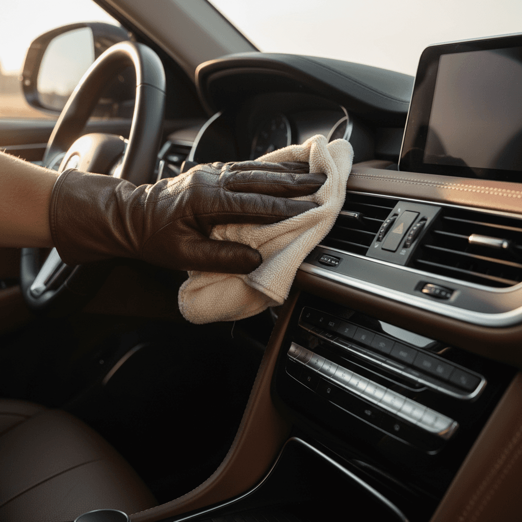 Detailer wiping vehicle interior dashboard with microfiber cloth