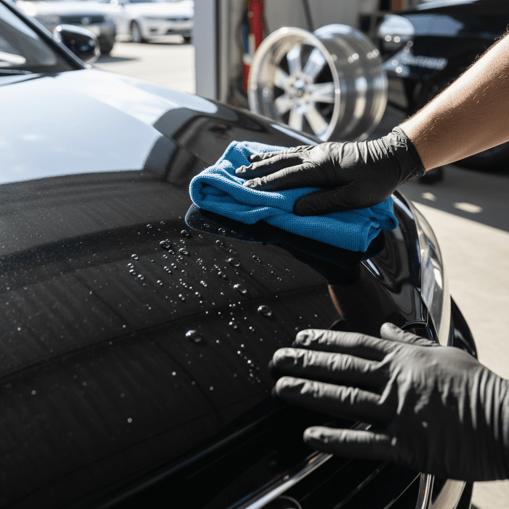 Exterior detailing - hands applying finish to polished vehicle