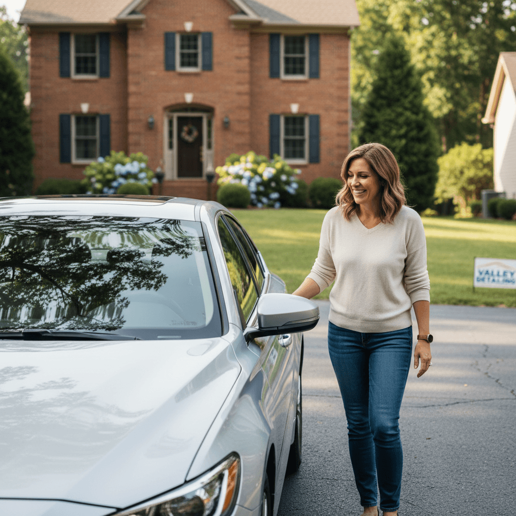 Satisfied customer with freshly detailed vehicle