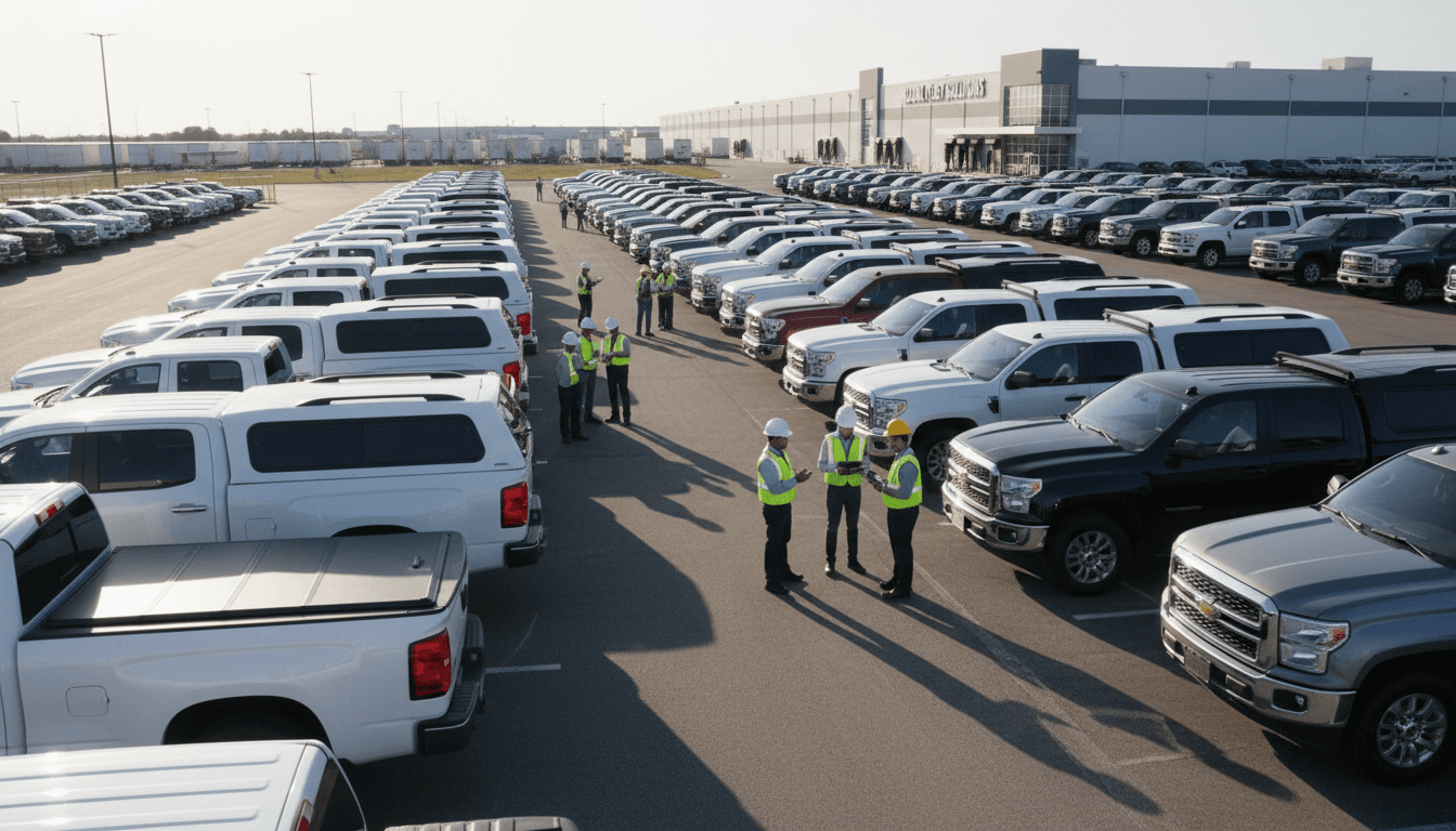 Commercial vehicle lot displaying multiple pickup trucks with various fiberglass canopies and tonneau cover options
