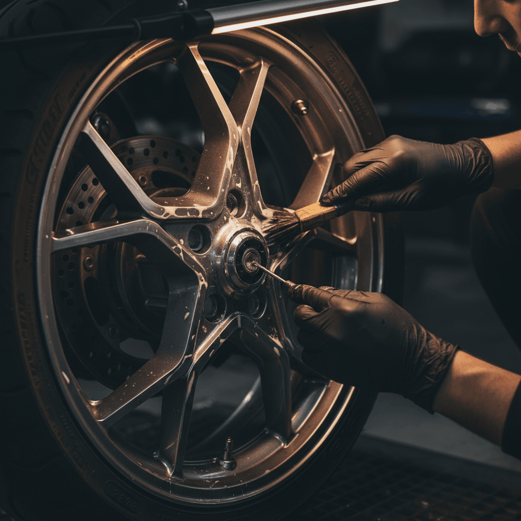 Close-up of technician hands meticulously cleaning motorcycle wheel spokes and rim with specialized brushes