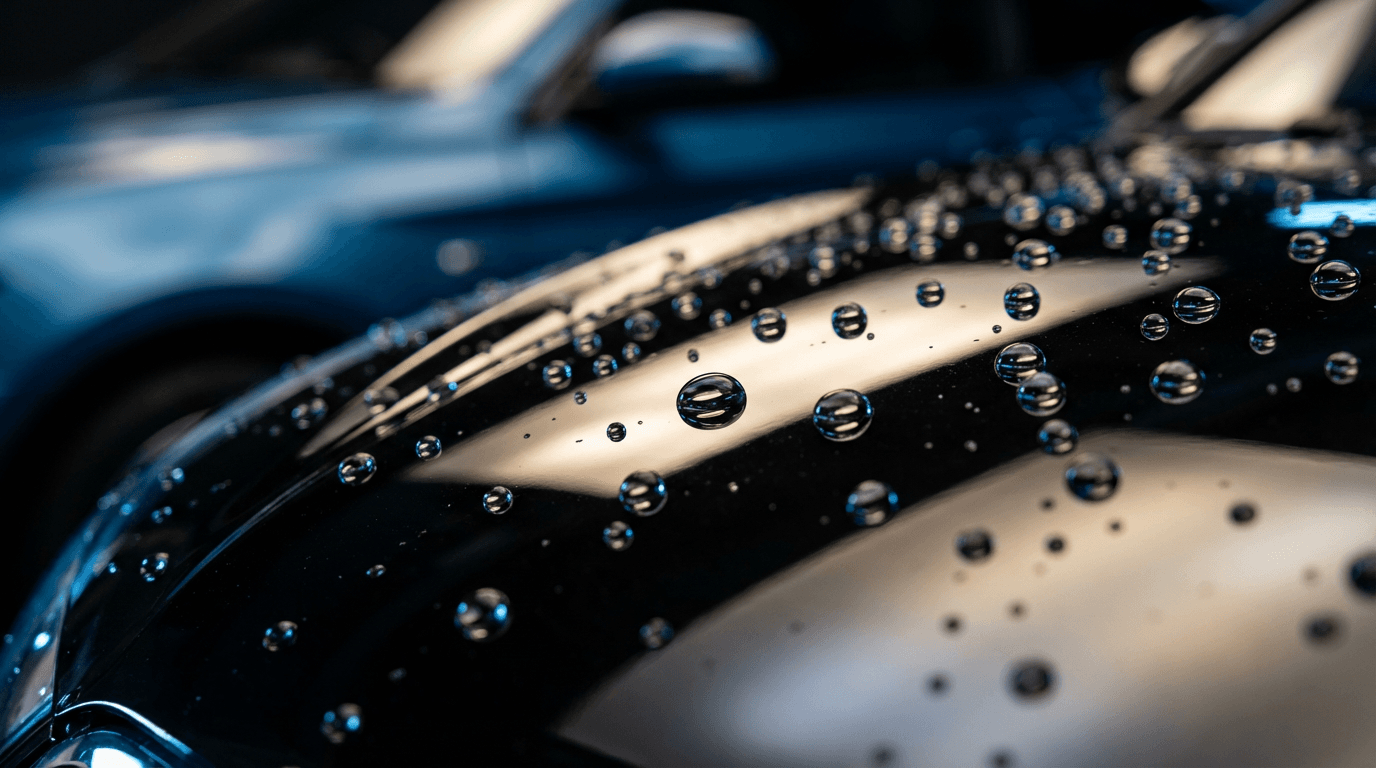 Water droplets beading on freshly waxed black car hood with crystal-clear reflections and glossy finish.