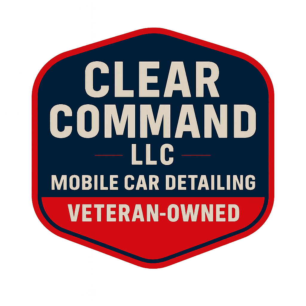 Navy and red shield logo for Clear Command LLC Mobile Car Detailing, veteran-owned business.